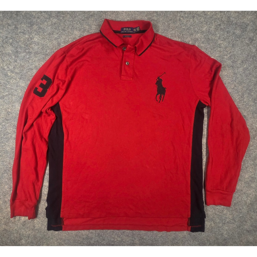 Polo Ralph Lauren Mens XXL Big Pony Long Sleeve Polo Shirt Red Black Custom Fit
